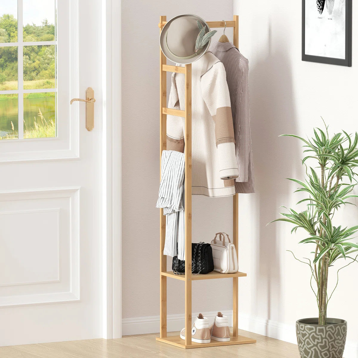 Ouch Cart Bamboo Coat Rack | 4-in-1 Entryway Hall Tree with Hooks & Storage Shelves
