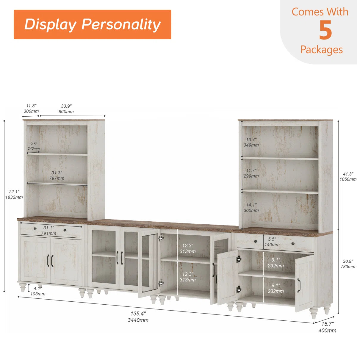 Farmhouse Wooden TV Entertainment Center with Storage & Bookshelves