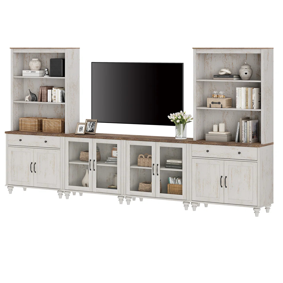 Farmhouse Wooden TV Entertainment Center with Storage & Bookshelves