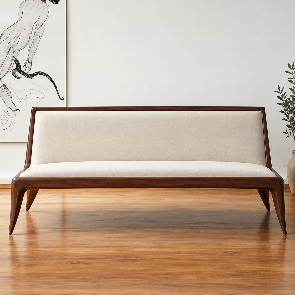 Mid-Century Modern Wooden Sofa | Solid Walnut Finish 3 Seater Sofa with Cream Upholstery & Tapered Legs for Living Room