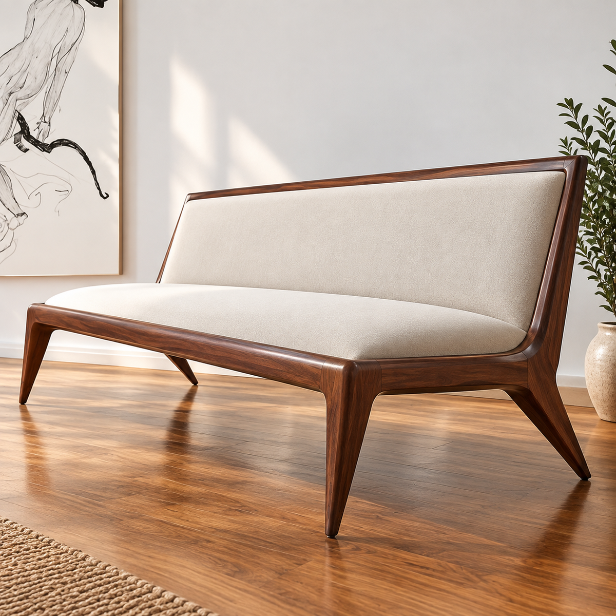 Mid-Century Modern Wooden Sofa | Solid Walnut Finish 3 Seater Sofa with Cream Upholstery & Tapered Legs for Living Room