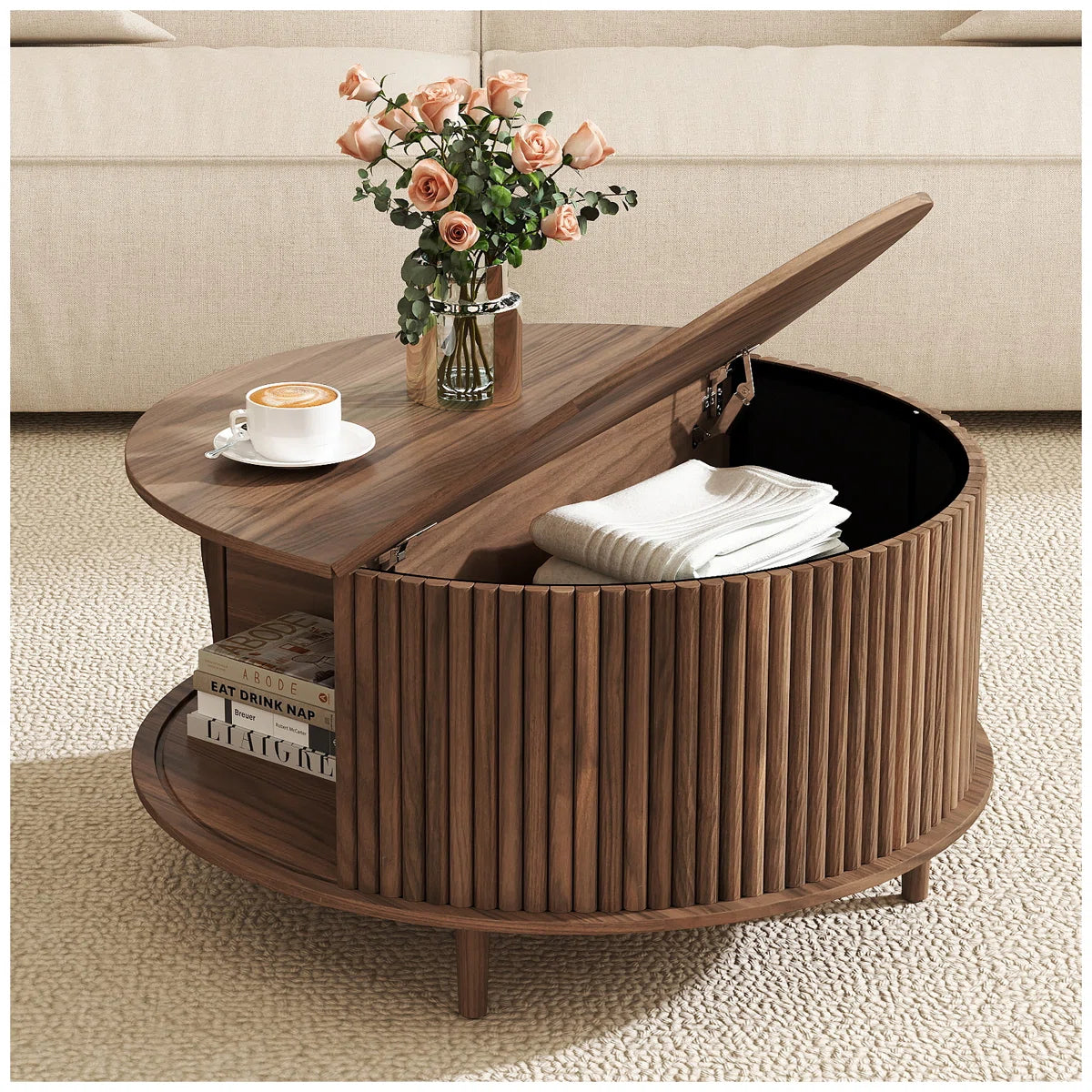 Mid Century Modern Round Coffee Table With Storage OUCH CART