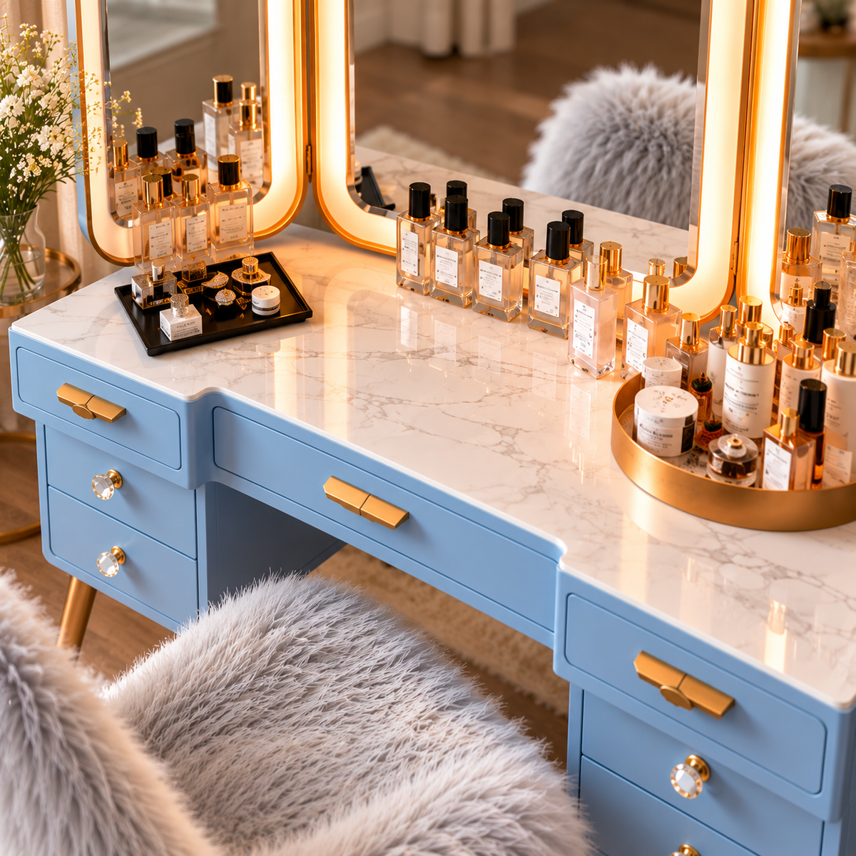 Modern Blue Dressing Table with LED Tri-Fold Mirror, 5 Drawers, Gold Metal Legs and Handles, Luxury Makeup Vanity Table with Marble Top and Matching Faux Fur Stool for Bedroom