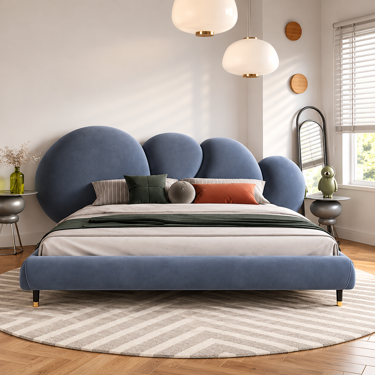 Modern Blue Upholstered Bed with Curved Cloud Headboard