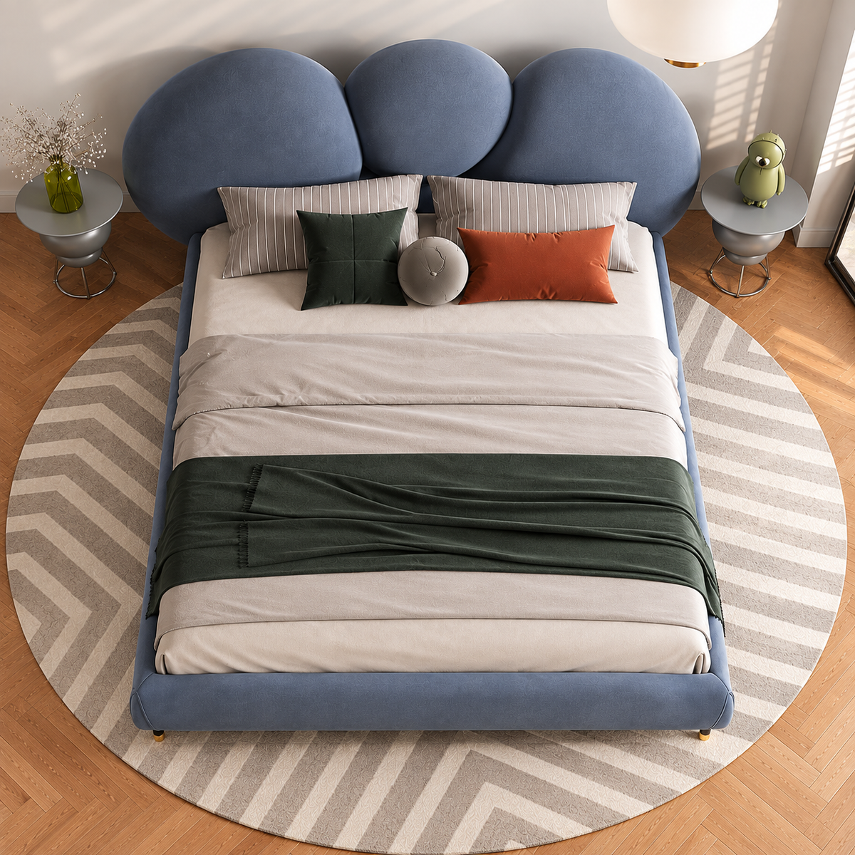 Modern Blue Upholstered Bed with Curved Cloud Headboard