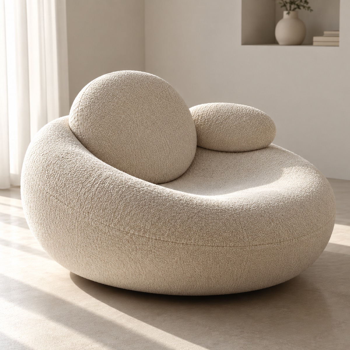 Modern Boucle Lounge Chair for Living Room, Cream Upholstered Curved Sofa Chair with Round Back Cushion & Side Pillow, Plush Accent Seating for Bedroom, Lounge & Reception