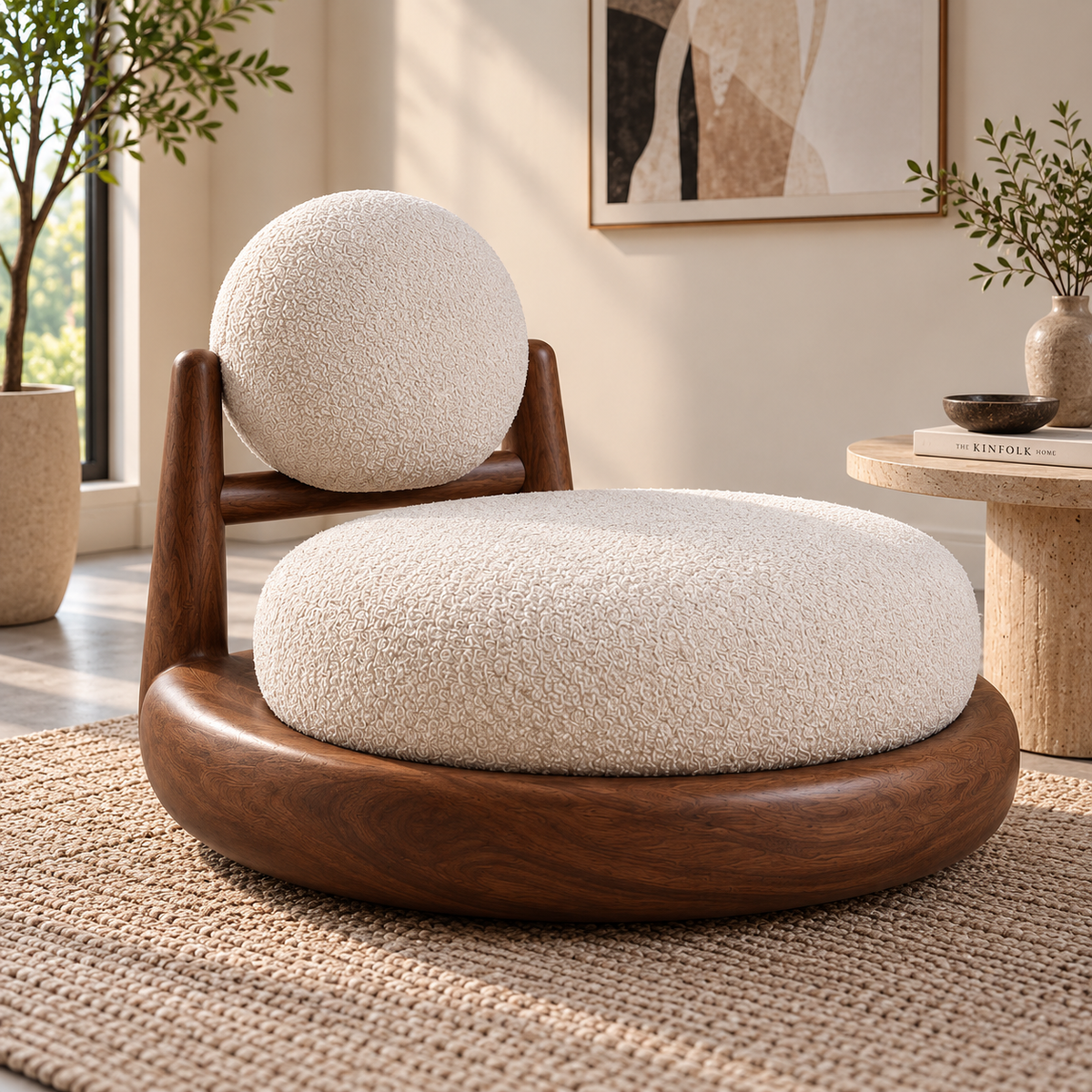 Modern Boucle Lounge Chair with Wooden Frame, Cream Upholstered Accent Chair with Round Back Cushion, Curved Relaxation Chair for Living Room, Bedroom & Reading Corner
