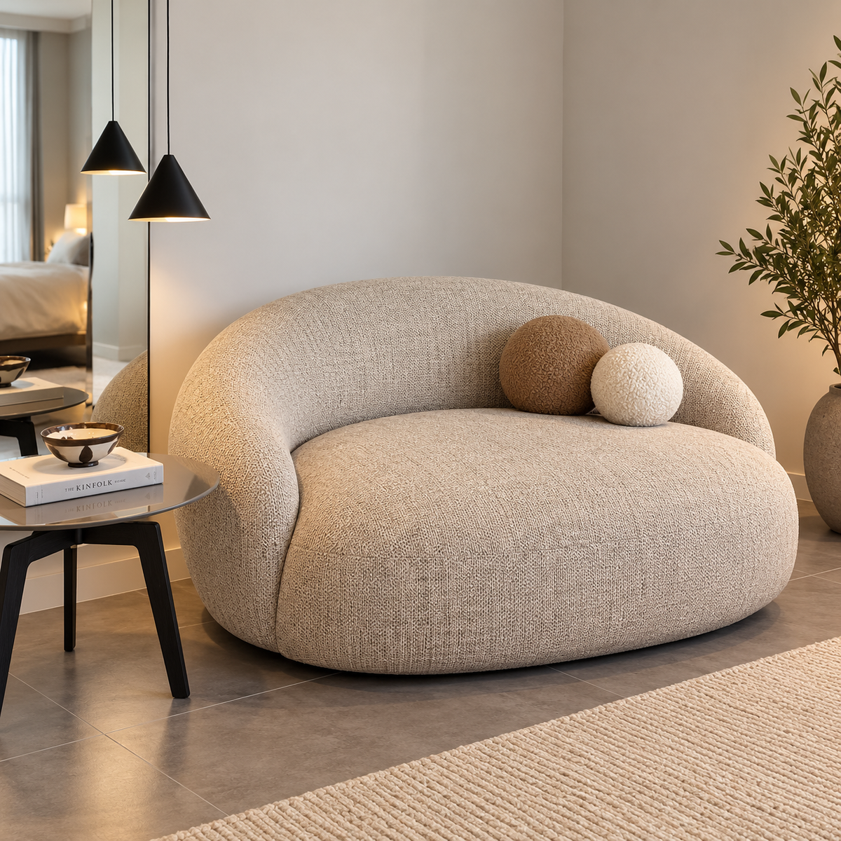 Modern Boucle Sofa for Living Room, Curved Round 2 Seater Sofa with Plush Upholstery & Decorative Ball Cushions, Beige Accent Sofa for Bedroom, Lounge & Reception OUCH CART