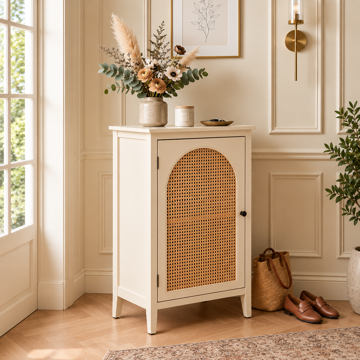 Modern Cane Cabinet with Arched Rattan Door