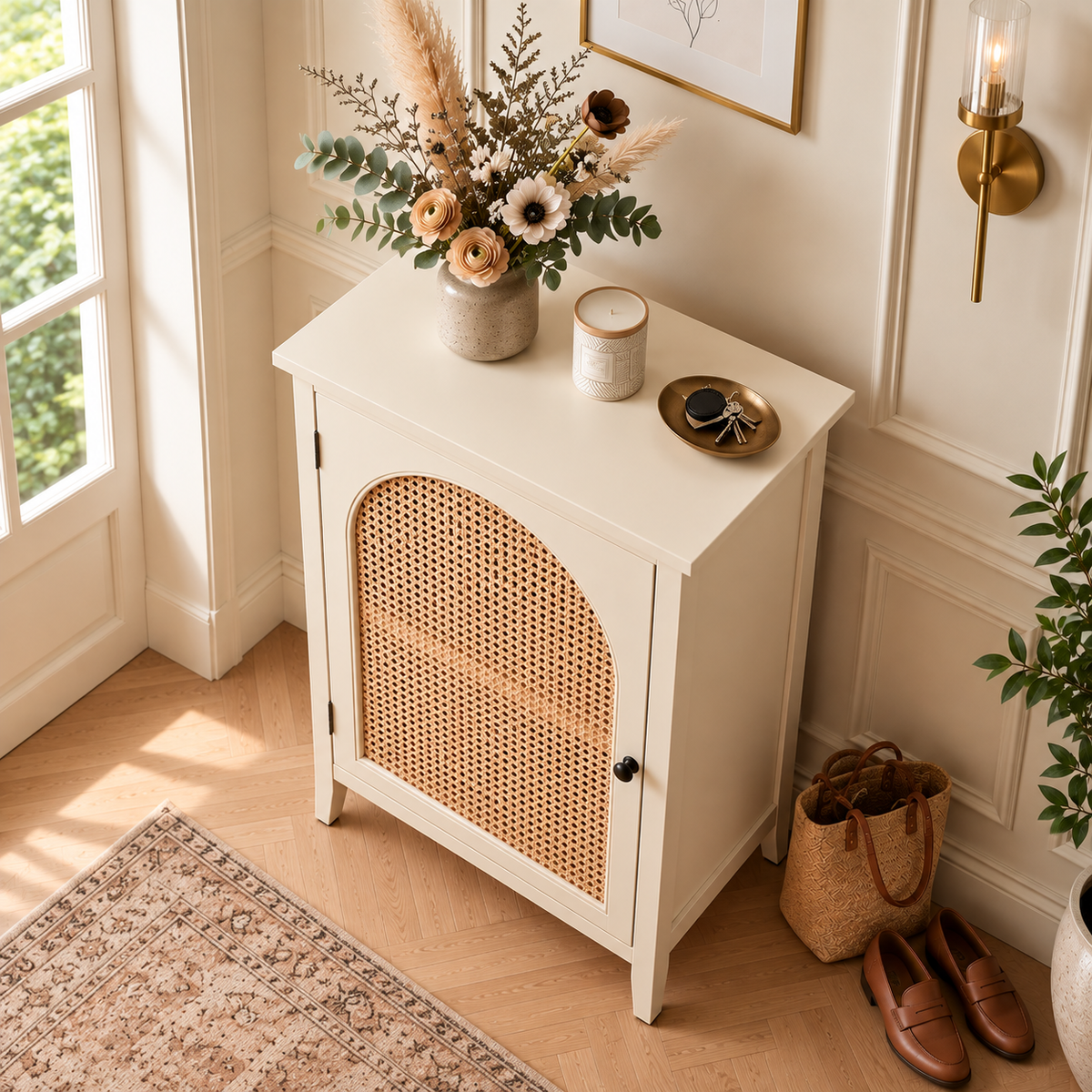 Modern Cane Cabinet with Arched Rattan Door