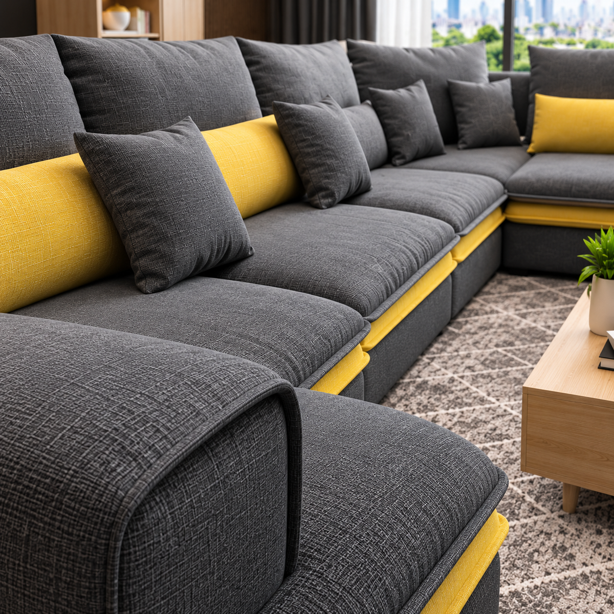 Modern L-Shaped Sectional Sofa Set for Living Room Luxury 7-Seater Grey Fabric Corner Sofa with Chaise & Yellow Accent