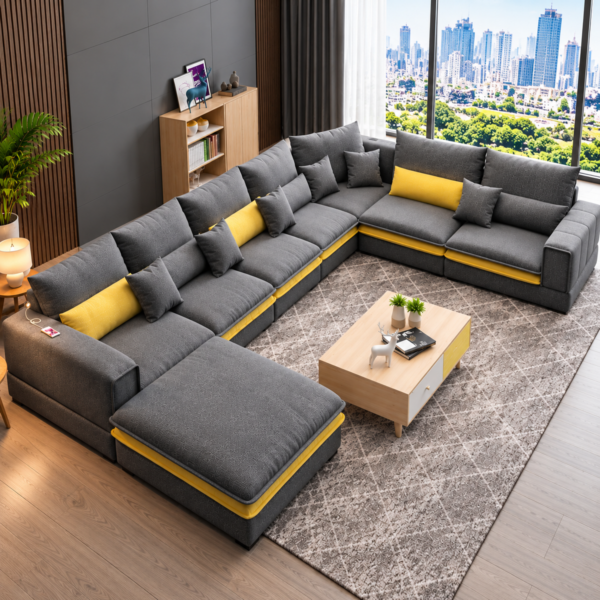 Modern L-Shaped Sectional Sofa Set for Living Room Luxury 7-Seater Grey Fabric Corner Sofa with Chaise & Yellow Accent