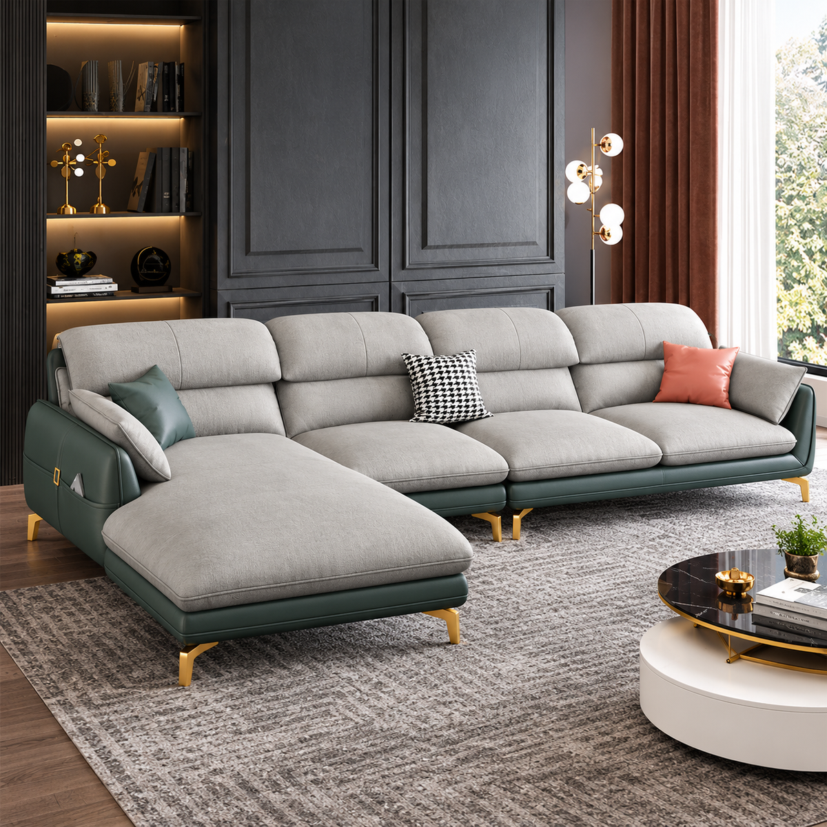 Modern L-Shaped Sectional Sofa with Chaise, Premium Textured Fabric Upholstery, Deep Teal Green Base & Gold Metal Legs, Luxury Contemporary Sofa for Living Room