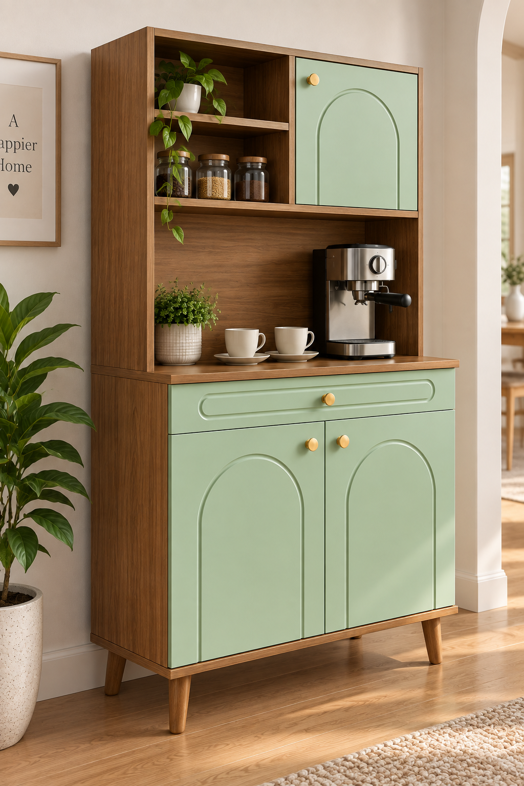Modern Mint Green Coffee Cabinet with Storage | Wooden Coffee Bar Cabinet | Kitchen Counter Coffee Station Organizer