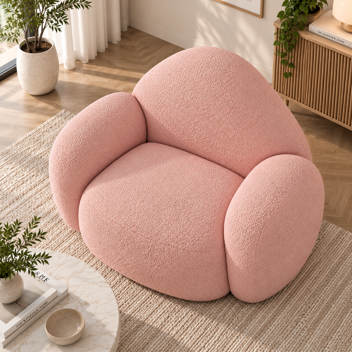 Modern Pink Boucle Accent Chair for Living Room Cloud Style Curved Lounge Chair Plush Upholstered Armchair
