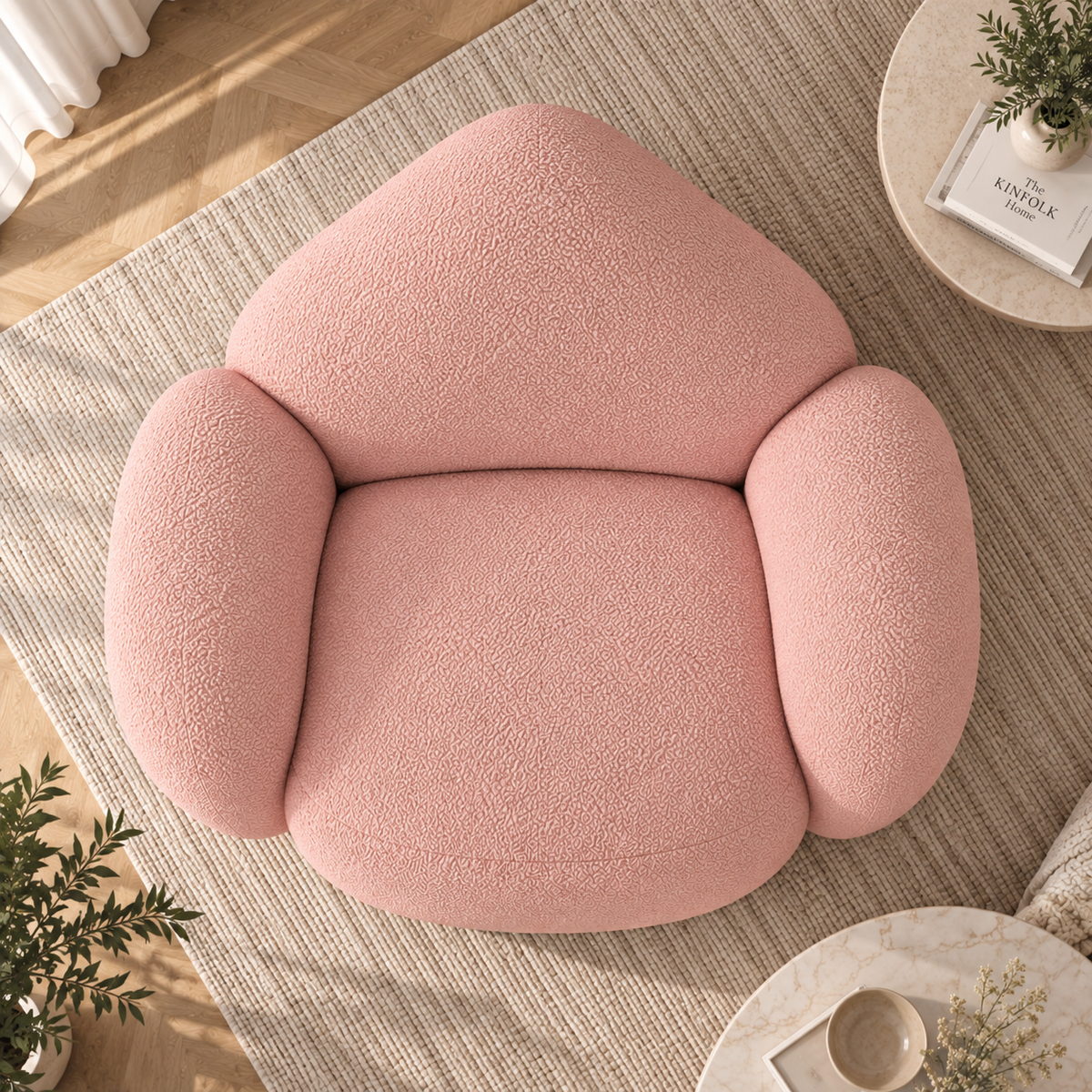 Modern Pink Boucle Accent Chair for Living Room Cloud Style Curved Lounge Chair Plush Upholstered Armchair