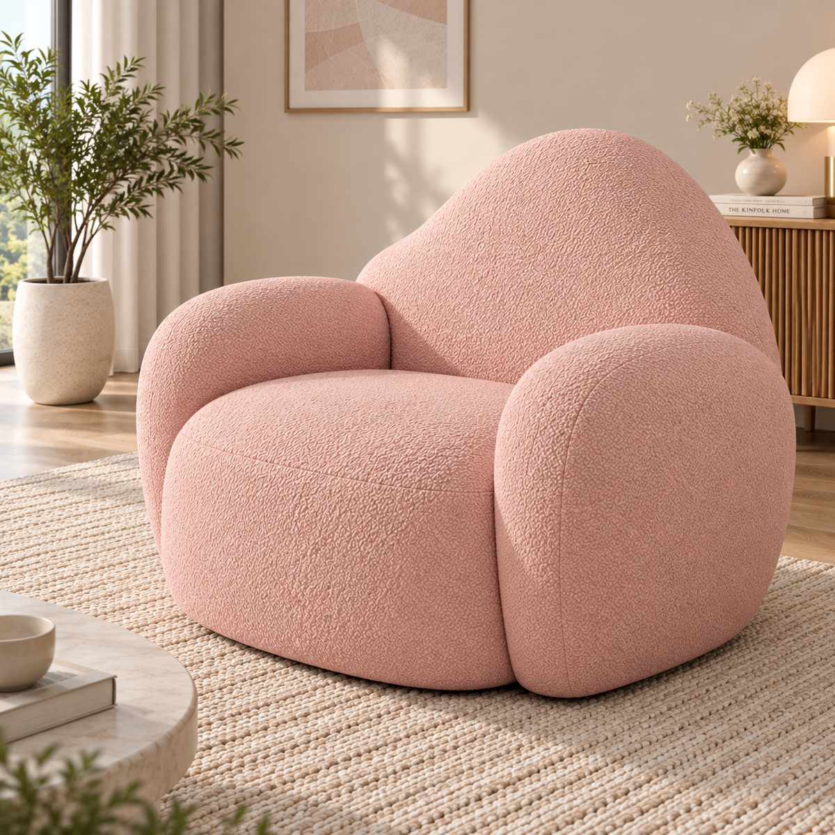 Modern Pink Boucle Accent Chair for Living Room Cloud Style Curved Lounge Chair Plush Upholstered Armchair
