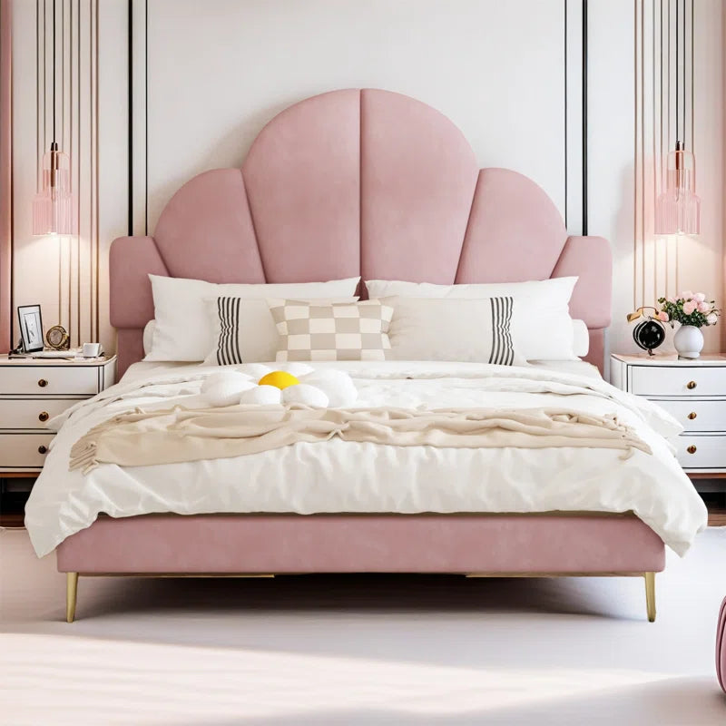 Modern Queen Size Upholstered Bed Frame With Elegant Design And Petal Shape Headboard OUCH CART