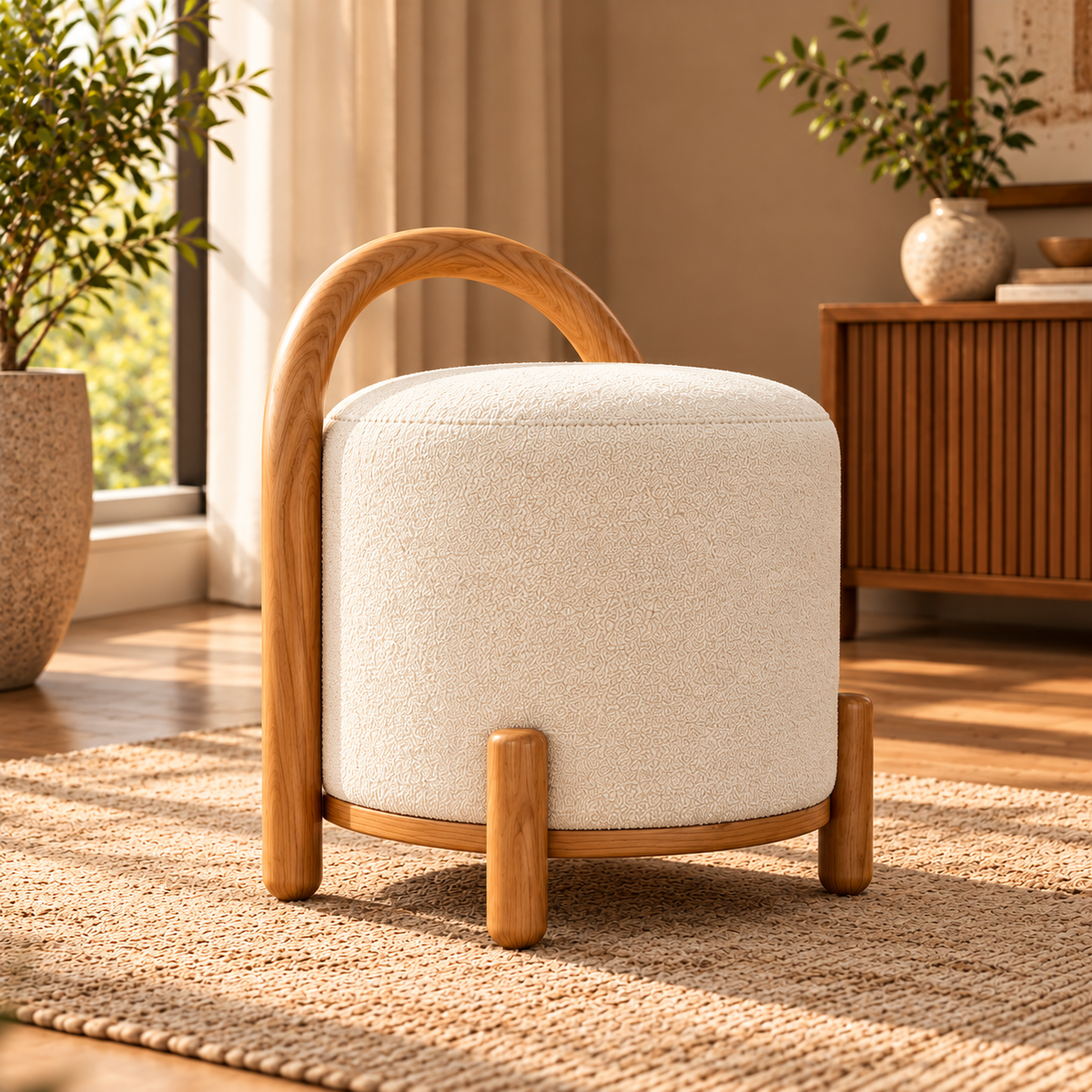 Modern Round Ottoman Stool with Cream Bouclé Upholstery and Wooden Handle, Upholstered Accent Stool for Living Room
