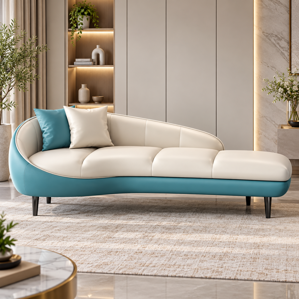 Modern Teal & Cream Chaise Lounge Sofa | Luxury Curved Daybed Sofa with Cushioned Seat