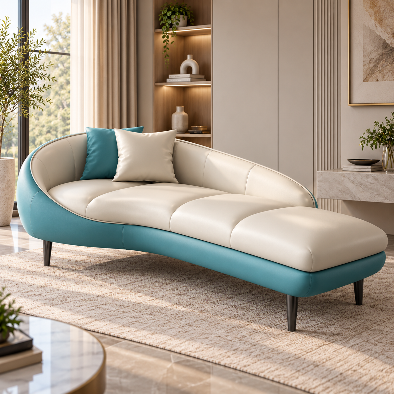 Modern Teal & Cream Chaise Lounge Sofa | Luxury Curved Daybed Sofa with Cushioned Seat