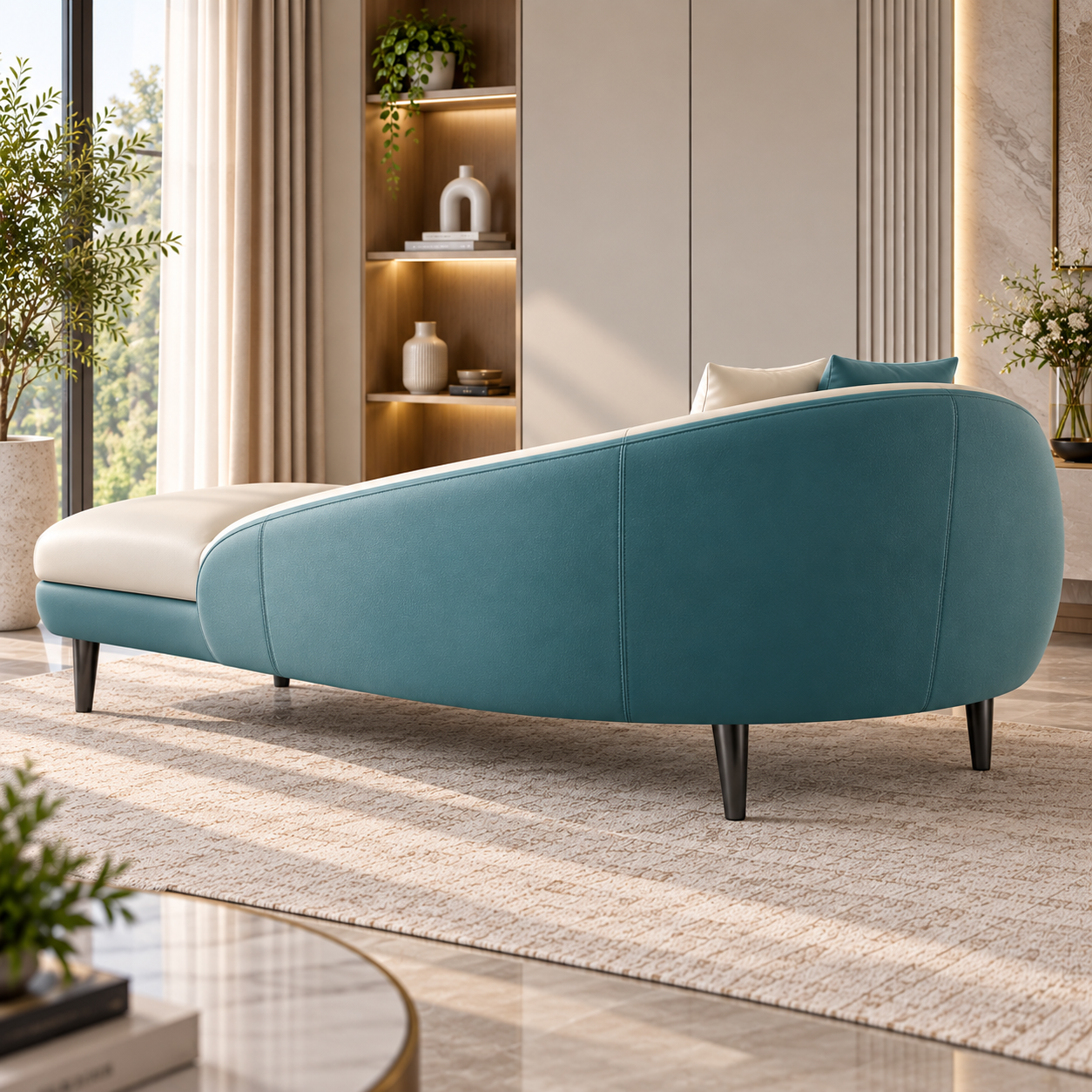 Modern Teal & Cream Chaise Lounge Sofa | Luxury Curved Daybed Sofa with Cushioned Seat