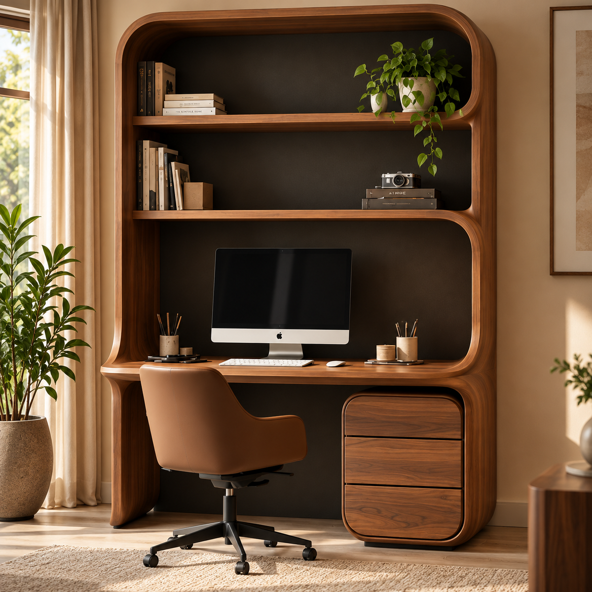 Modern Walnut Home Office Desk with Integrated Shelves & 3 Drawers
