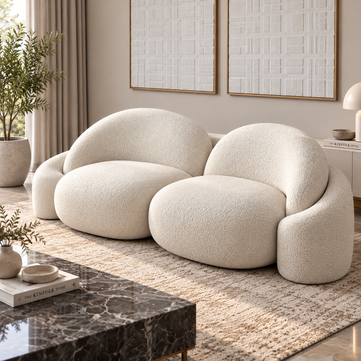 Modern White Boucle 2 Seater Sofa | Luxury Curved Loveseat with Plush Cushions