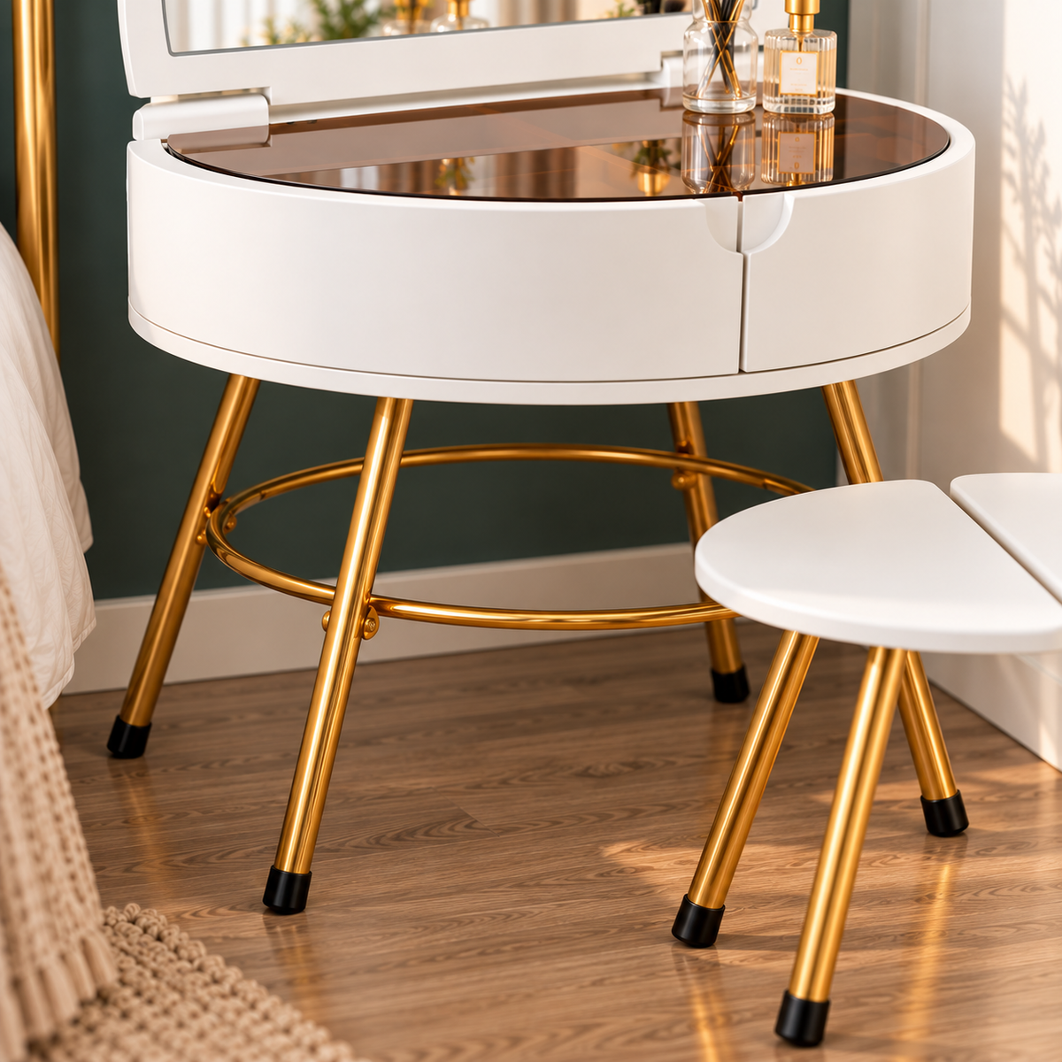 Modern White Dressing Table with Mirror & Stool