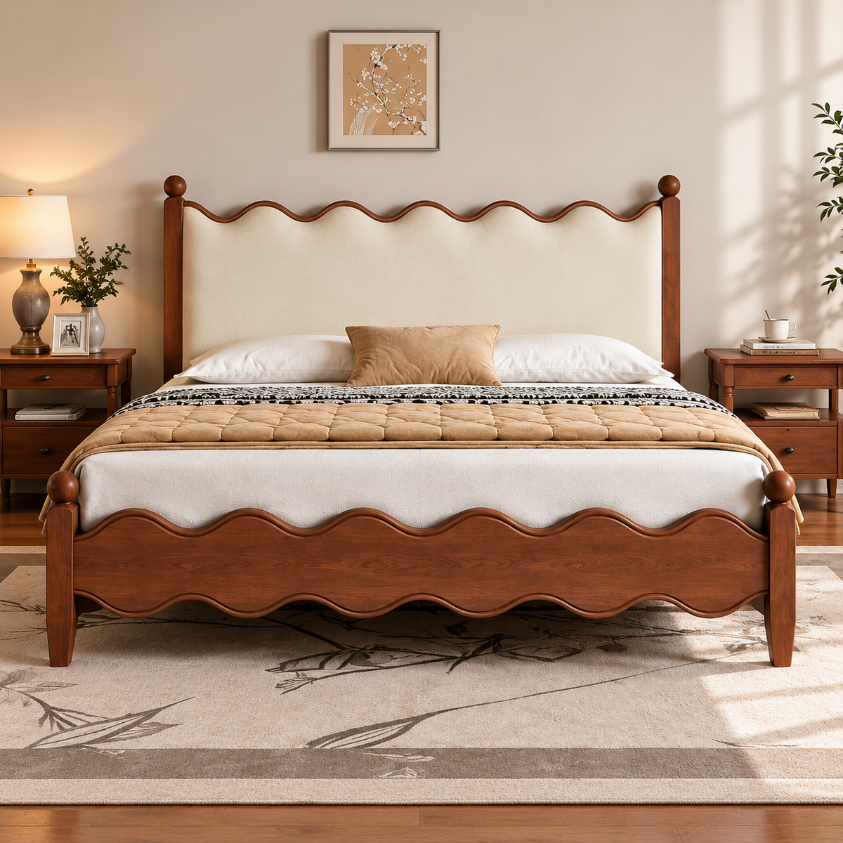 Modern Wooden Bed with Cream Upholstered Headboard & Wave Design, Walnut Finish