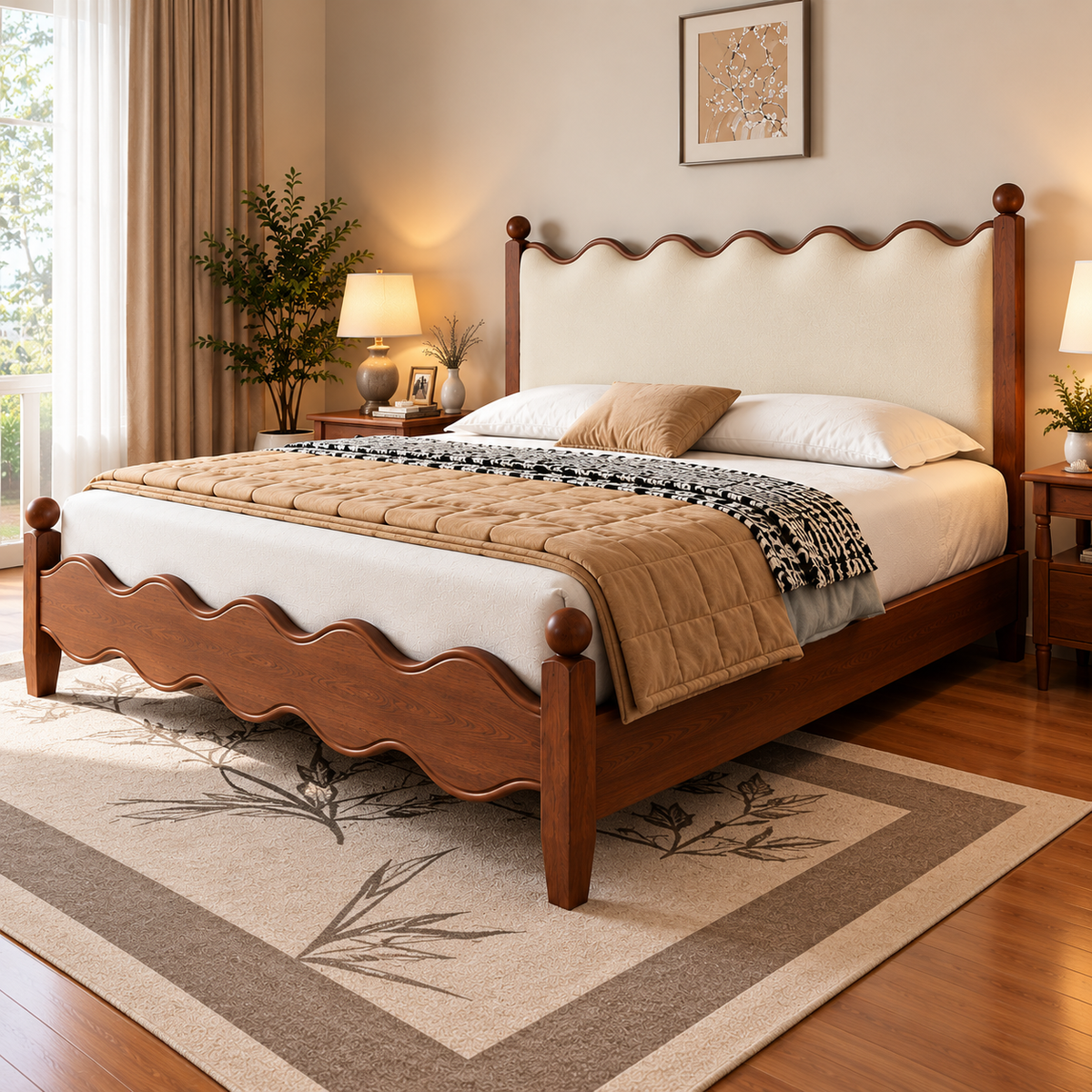 Modern Wooden Bed with Cream Upholstered Headboard & Wave Design, Walnut Finish