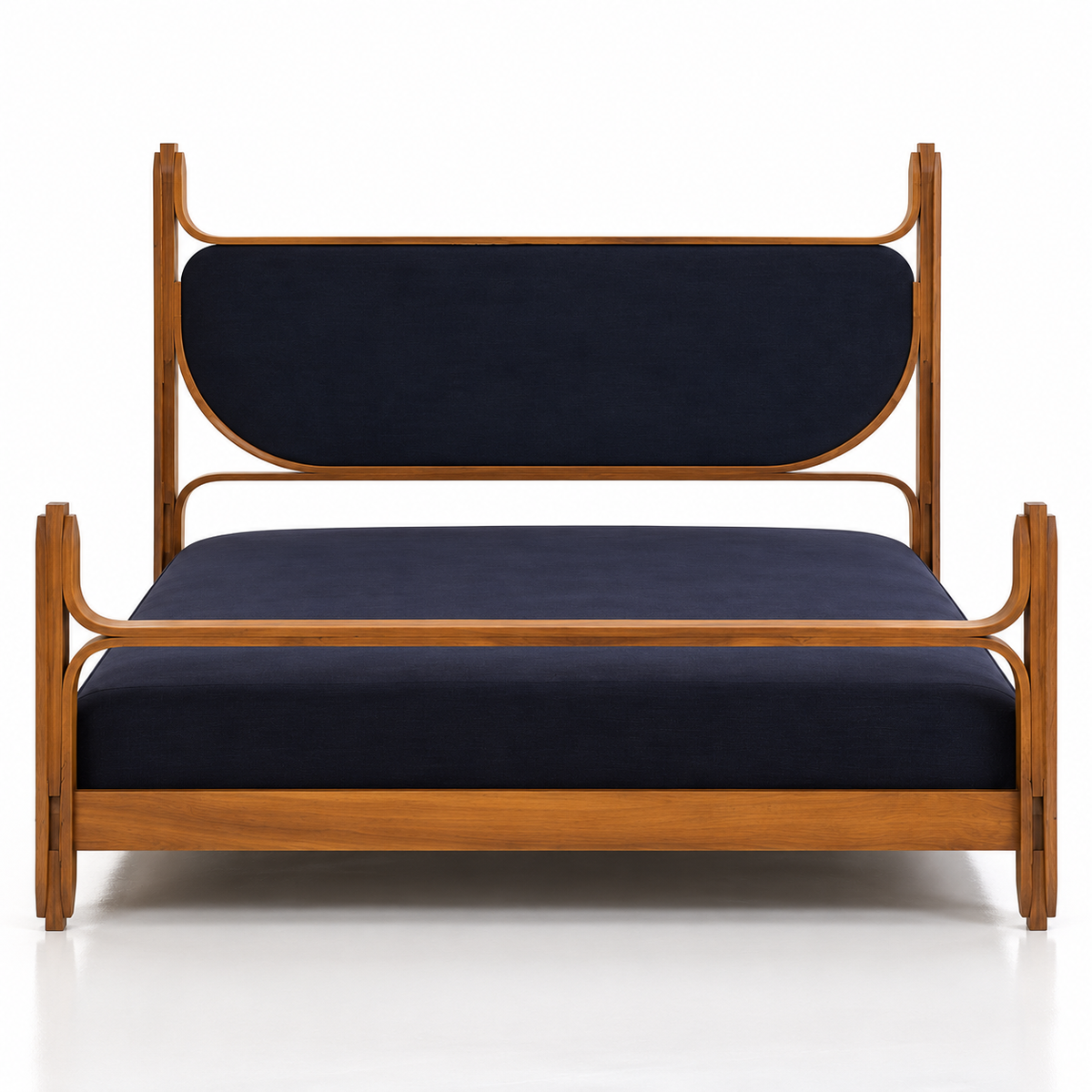 Modern Wooden Bed with Upholstered Headboard, Premium Solid Wood Bed Frame with Navy Blue Fabric, Contemporary King Size Platform Bed for Bedroom, Elegant Wooden Bedstead