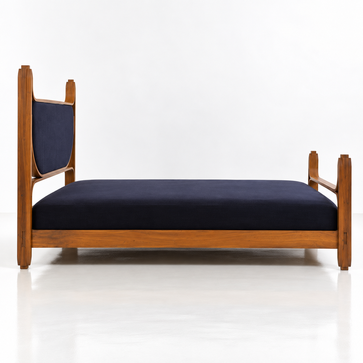 Modern Wooden Bed with Upholstered Headboard, Premium Solid Wood Bed Frame with Navy Blue Fabric, Contemporary King Size Platform Bed for Bedroom, Elegant Wooden Bedstead