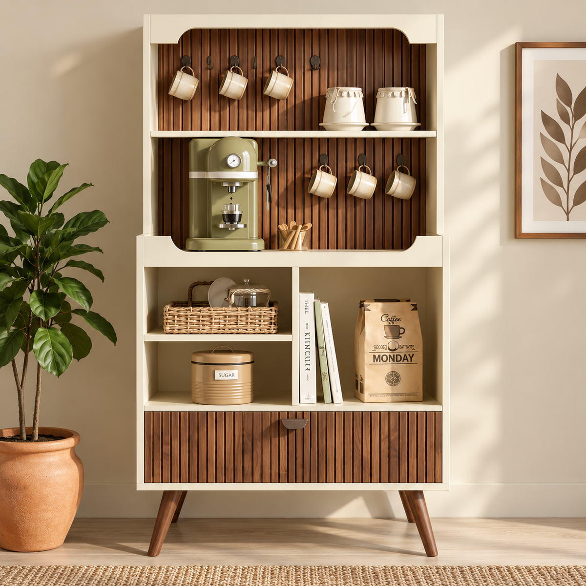 Modern Wooden Coffee Station Cabinet with Open Shelves Walnut Slatted Coffee Bar Cabinet with Storage