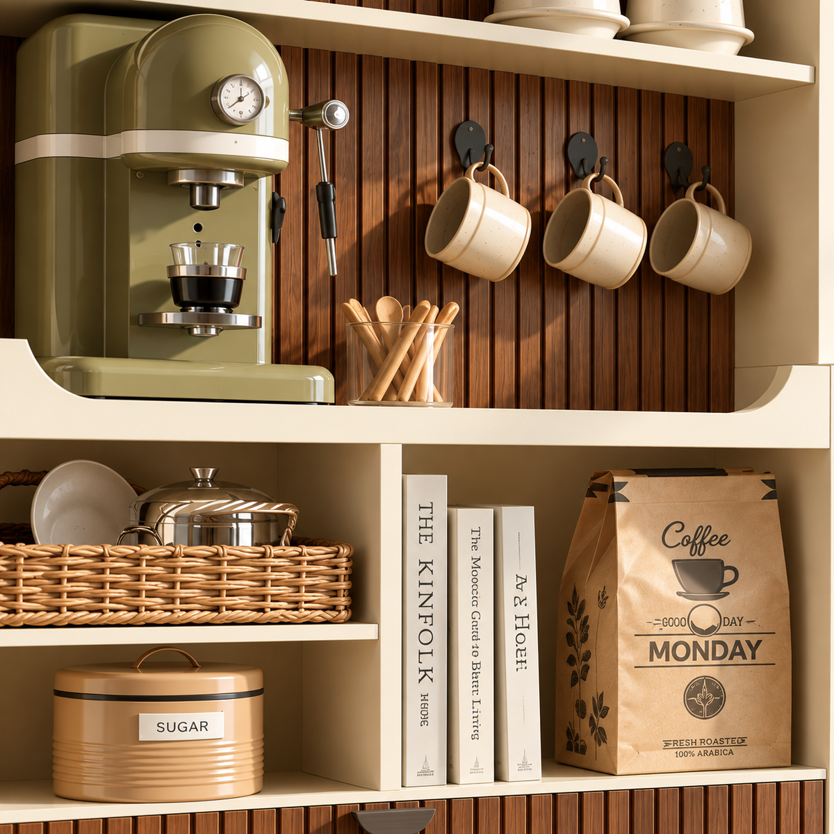 Modern Wooden Coffee Station Cabinet with Open Shelves Walnut Slatted Coffee Bar Cabinet with Storage