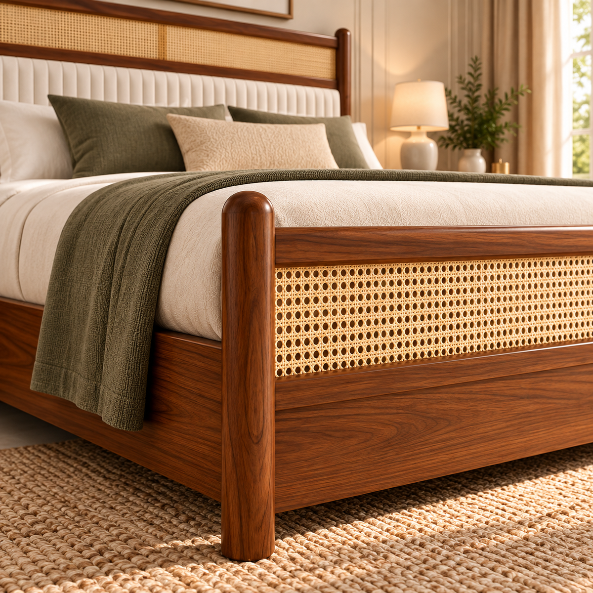 Modern Wooden King Size Bed with Cane Headboard & Upholstered Backrest, Walnut Finish