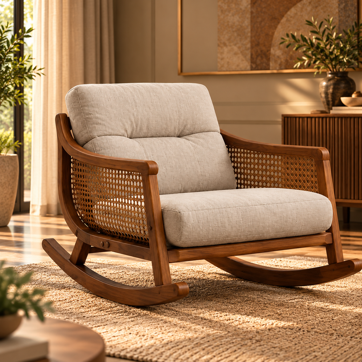 Modern Wooden Rocking Chair with Beige Cushions and Cane Woven Sides, Walnut Finish Lounge Chair for Living Room
