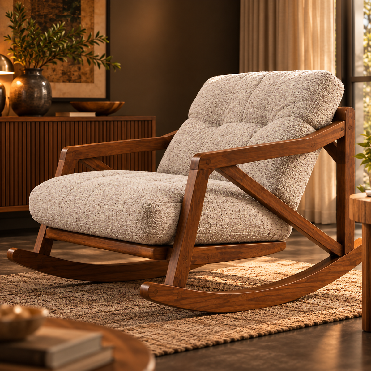 Modern Wooden Rocking Chair with Beige Tufted Cushions, Walnut Finish Frame, Upholstered Lounge Chair for Living Room
