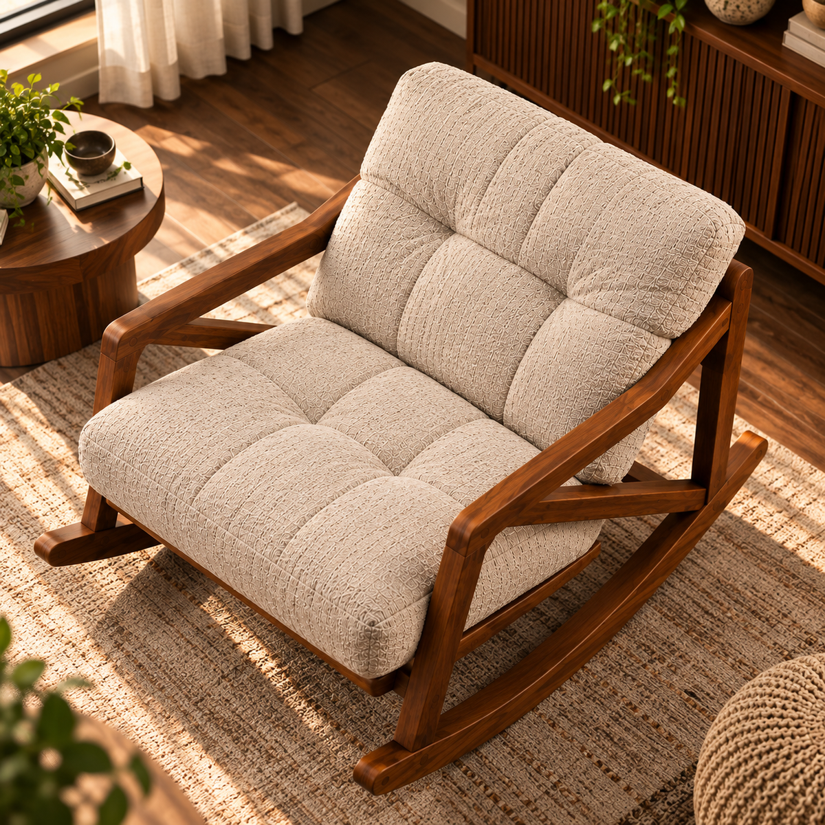 Modern Wooden Rocking Chair with Beige Tufted Cushions, Walnut Finish Frame, Upholstered Lounge Chair for Living Room