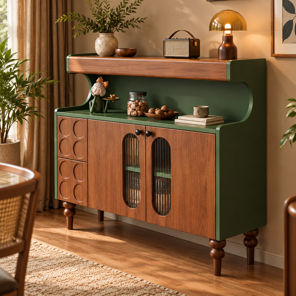 Modern Wooden Sideboard Cabinet with Olive Green Frame, Walnut Finish, Fluted Glass Doors and Decorative Storage for Living Room