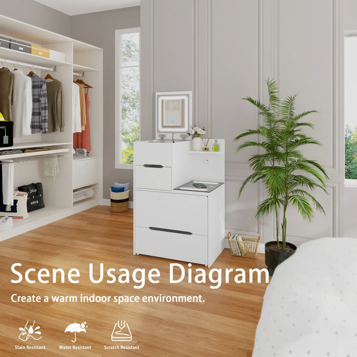 2-Drawer Flip-Top Vanity Table with LED Mirror, Wireless Charging Station & Upholstered Stool -OUCH CART |Dressing table