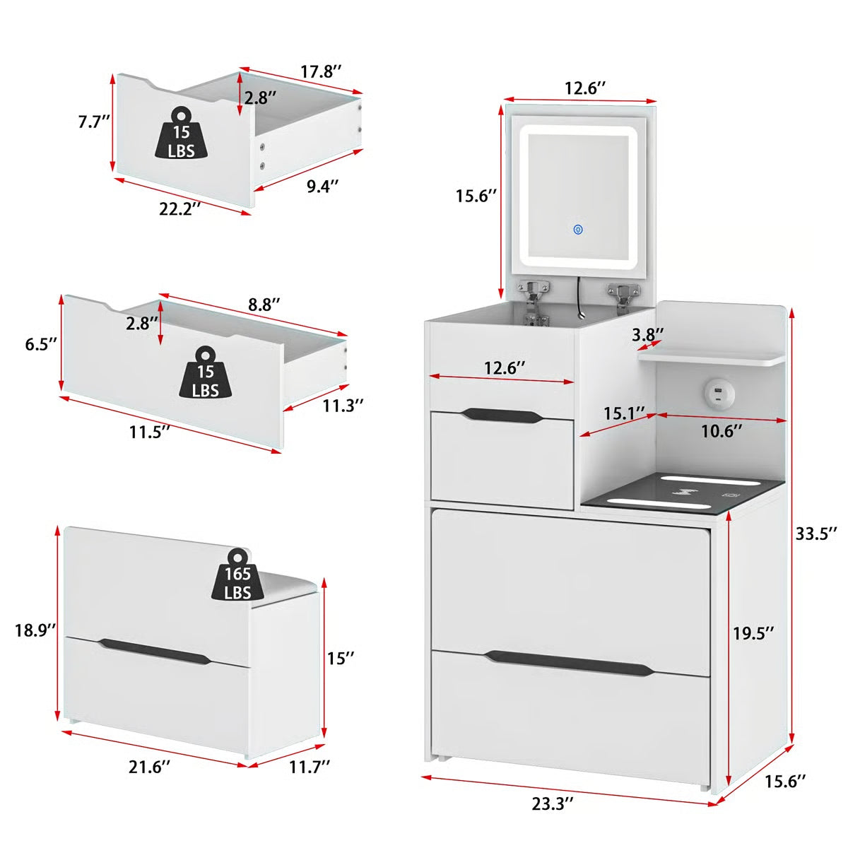 2-Drawer Flip-Top Vanity Table with LED Mirror, Wireless Charging Station & Upholstered Stool