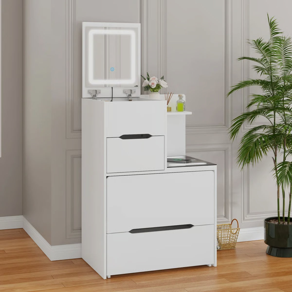 2-Drawer Flip-Top Vanity Table with LED Mirror, Wireless Charging Station & Upholstered Stool -OUCH CART |Dressing table
