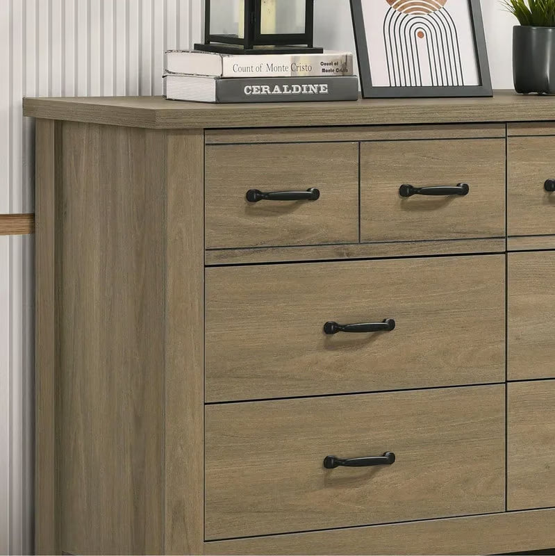 Stylish Modern Coffee Gray Oak Dresser – Finn 51" Wide 6-Drawer Chest with Black Handles