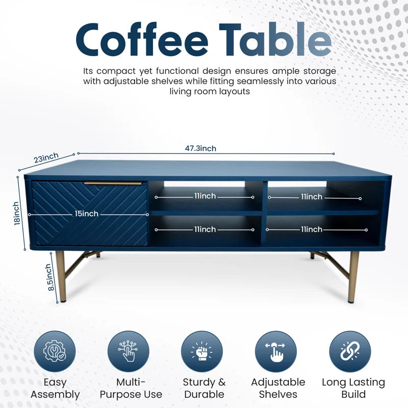 Modern Coffee Table With Storage - Dark Blue Matte Finish With Gold-Tipped Legs