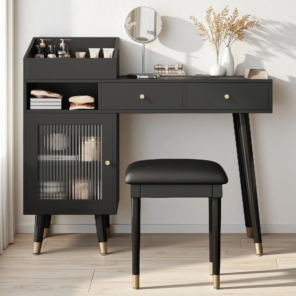 Modern Wooden Makeup Vanity Desk with Drawers โ Compact Bedroom Vanity-OUCH CART |Dressing table