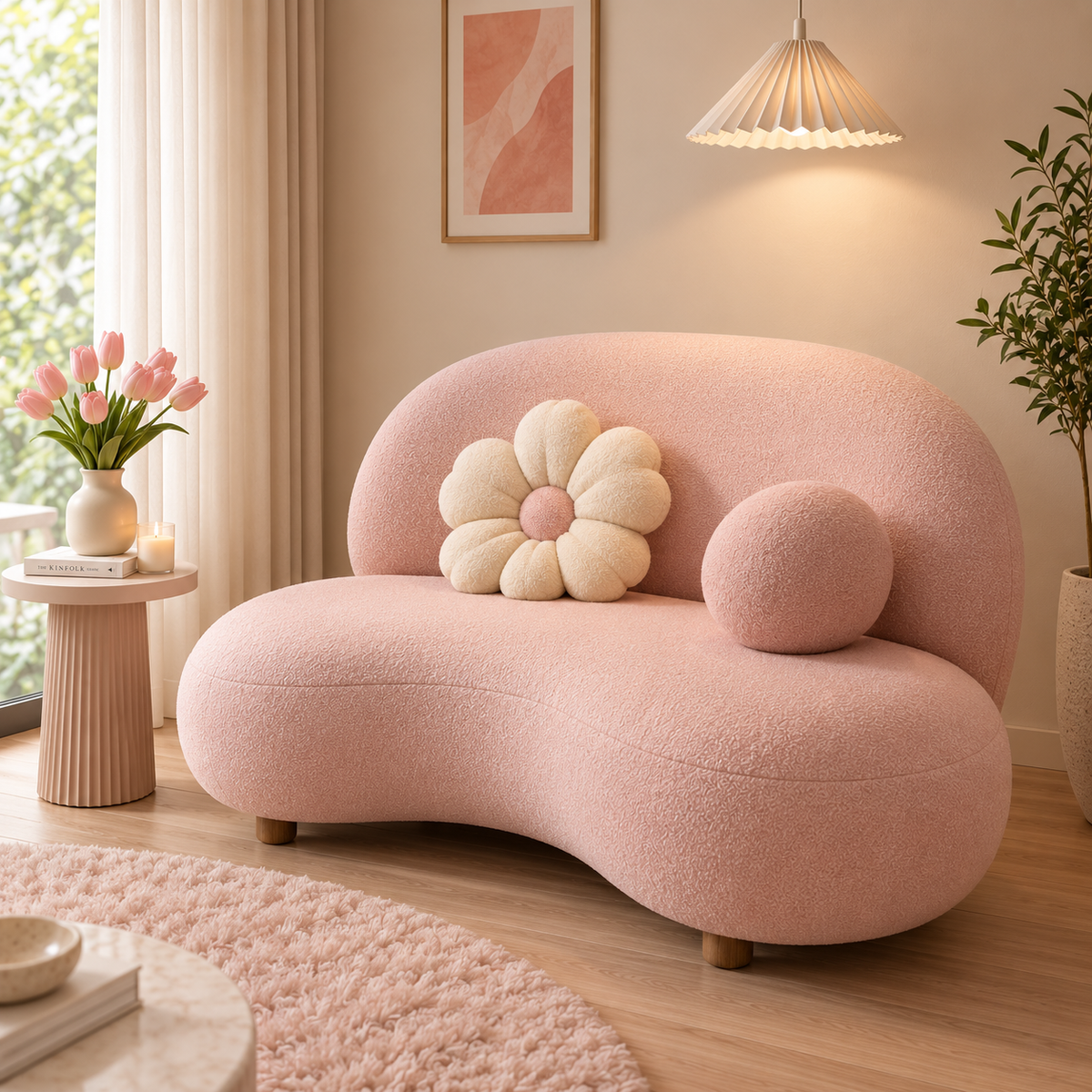 Modern Pink Boucle Sofa for Living Room | Curved Cloud Style 2 Seater Sofa | Plush Upholstered Loveseat