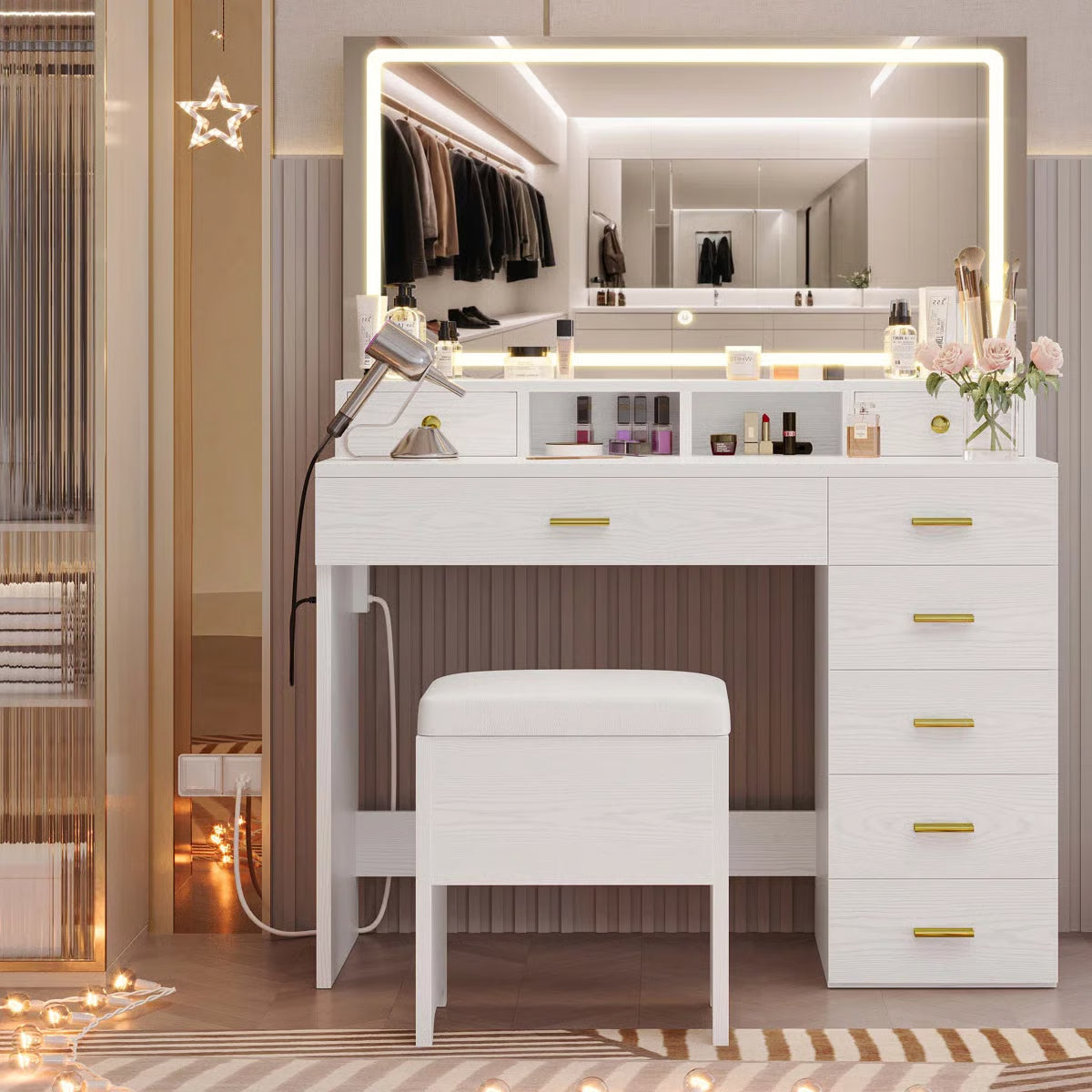 Wide 39.3" Modern Vanity Desk with LED Mirror, 8 Drawers, Adjustable Lights, and Built-In Charging Station- OUCH CART | Dressing table