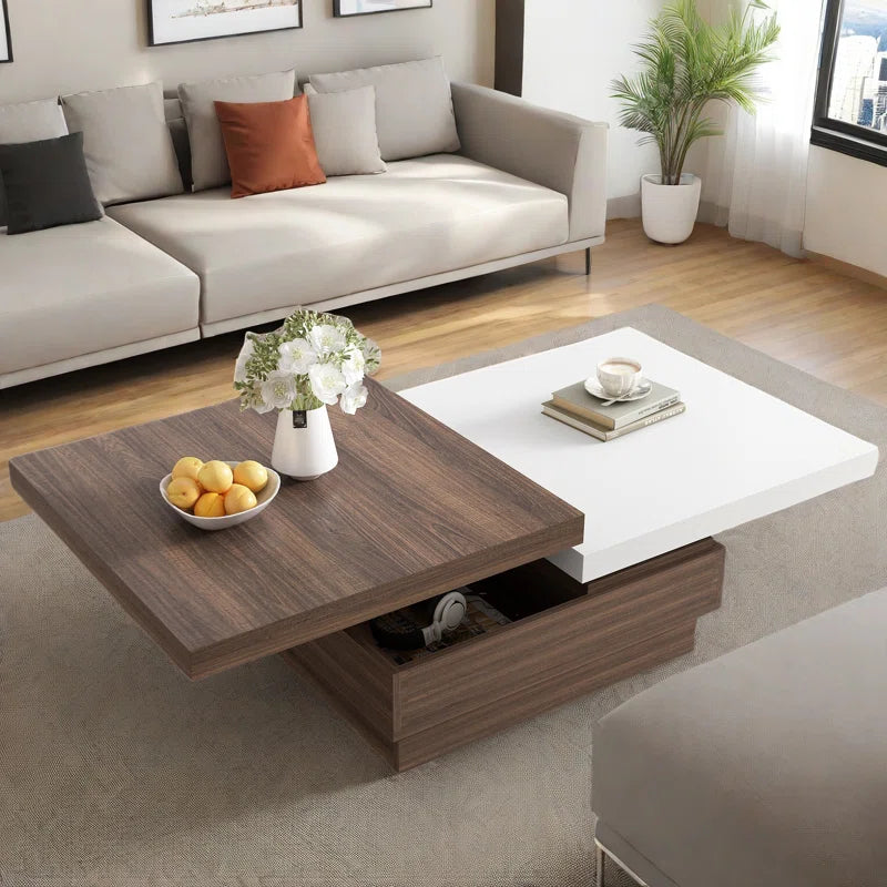 Modern Square Coffee Table with Rotatable Top, Two Colors Matching and 1 Hidden Storage Space
