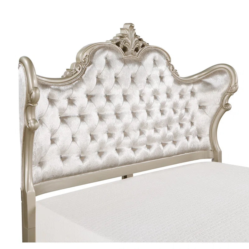Monique Solid Wood Standard Bed with Upholstered Headboard in Champagne